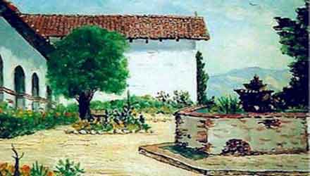Mission San Miguel Courtyard, Painting by Anthony Quartuccio. More art available
on Mission Arts Page
